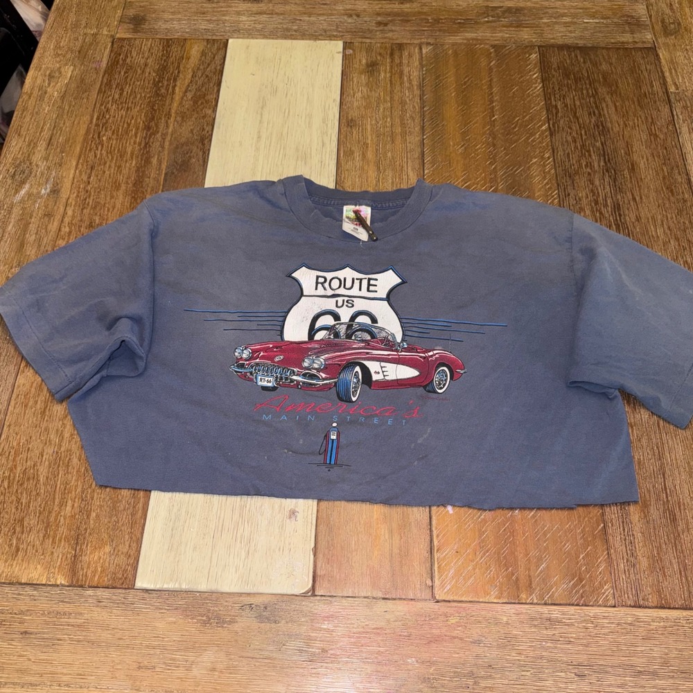 Fruit of the Loom Crop Top Women XL Blue Fair Route 66 Corvette Graphic Tee